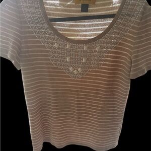 Brown Striped Top with Embellished Neckline